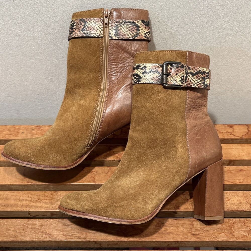 Matisse Eaglewood 8M Tan Leather/Suede Bootie Boots Western Snake Buckle Block